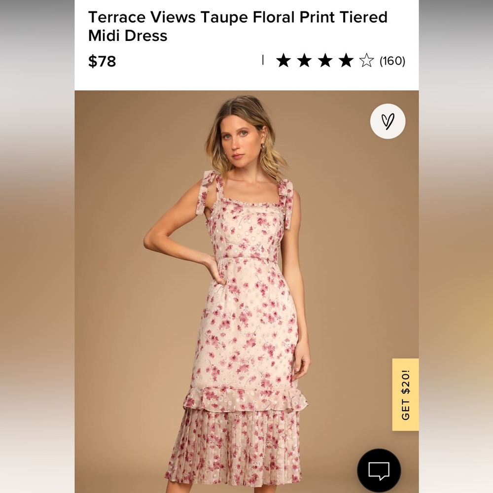 Lulu’s Terrace Views Taupe Floral Print Tiered Midi Dress - M - NWT